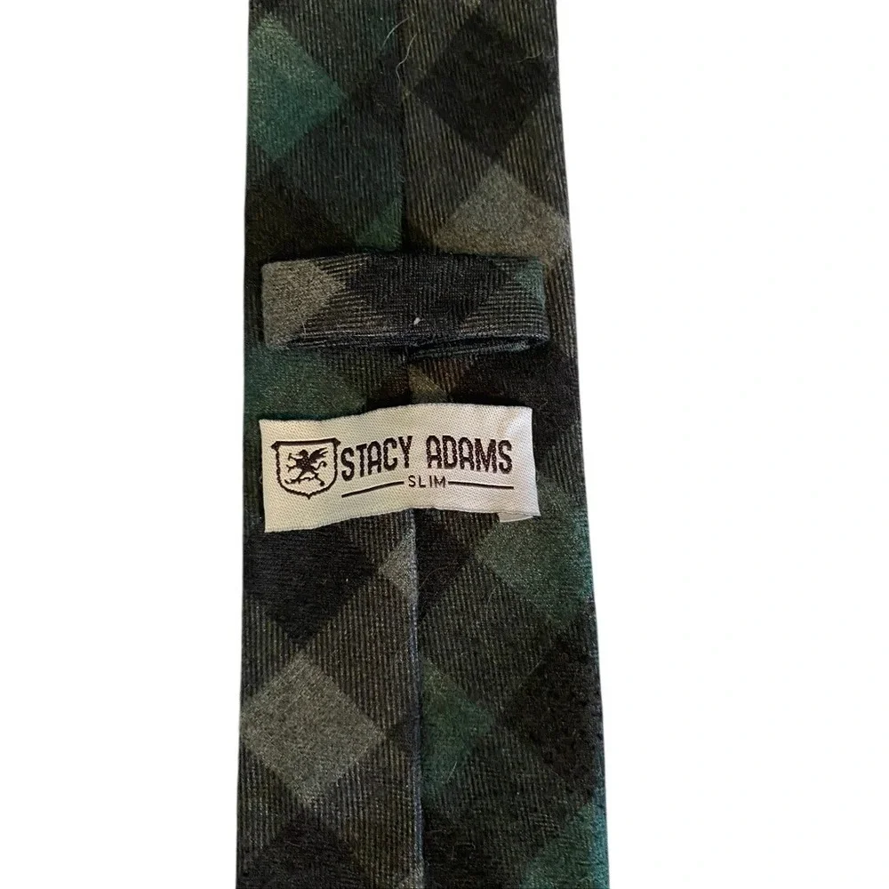 Stacy Adams Slim Necktie Green Grey Black Buffalo Plaid Microfiber Handmade